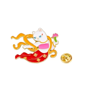 Macro view of white cat enamel pin in Dunhuang flying style with pink lotus flower