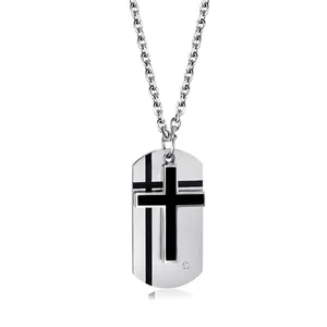 Stainless Steel Cross Dog Tag Pendant Necklace For Men Hip Hop Military Style Dual Layer With Small Rhinestone Polished Jewelry