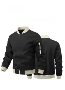 Detail view of men's bomber jacket with ribbed collar and zip pocket on sleeve