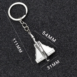 Detailed size specifications of silver metal fighter jet keychain with 111mm total length