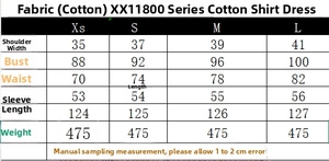 Detailed size guide table for cotton poplin shirt dress featuring shoulder and bust measurements