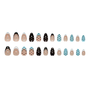 Retro blue and brown polka dot almond press on nails in French style 24pcs set