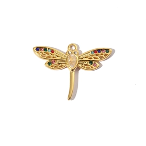 Detailed view of dragonfly jewelry pendant with multi-colored crystals and gold plating