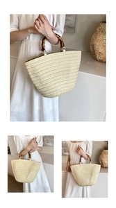 Detail of woven straw tote bag with natural bamboo handle for summer vacations