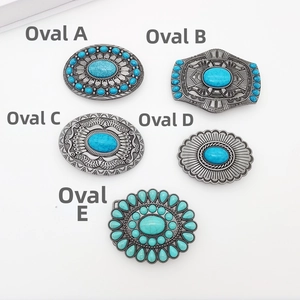 Detail of five vintage Y2K bohemian belt buckles with oval turquoise inlays