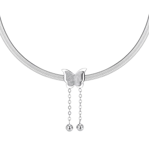 Double-layered stainless steel butterfly necklace with frosted wings and polished beads