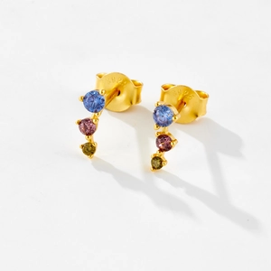Elegant S925 sterling silver studs with three colored gemstones in gold finish