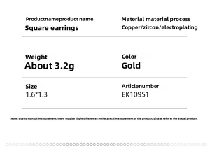 Detailed size specifications for gold square zircon earrings with 1.6x1.3cm dimensions