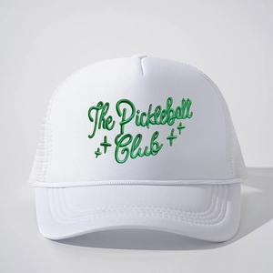 White trucker hat with green The Pickleball Club embroidery and breathable mesh back
