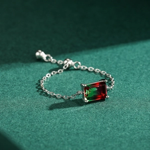 S925 sterling silver adjustable chain ring with rectangular watermelon tourmaline stone