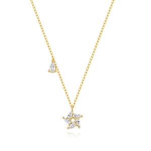Detailed view of silver necklace with pear and marquise-cut zircon flower pendant