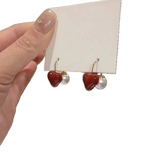 French vintage style red heart and pearl earrings with golden hooks for women