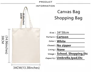 Detailed size specifications of white canvas shopping bag showing height and width measures