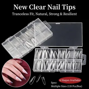 Transparent 120-piece long pointed false nail art tips set in a storage case