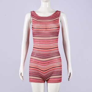 Detail of the colorful horizontal stripes and knit texture on the backless romper
