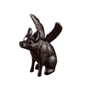 Vintage cast iron flying pig figurine with rustic bronze finish for office desk decor