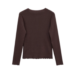 Brown rib-knit long sleeve sweater with lettuce edge trim and classic round neckline