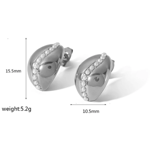 Detail view of vintage steel hoop earrings with pearls, sized 15.5mm by 10.5mm