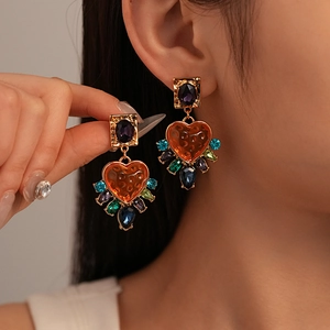Vintage Baroque Dangle Earrings With Orange Resin Heart Colorful Rhinestones And 925 Sterling Silver Earring Post