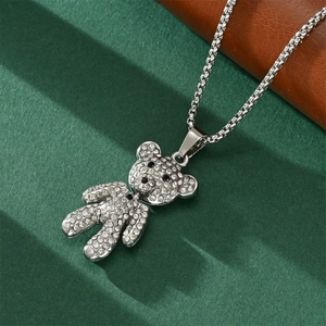 Hip hop style silver teddy bear pendant necklace with clear crystals and box chain link