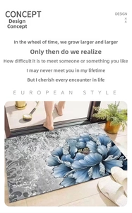 Macro shot of absorbent bathroom floor mat with blue floral and grey scroll pattern
