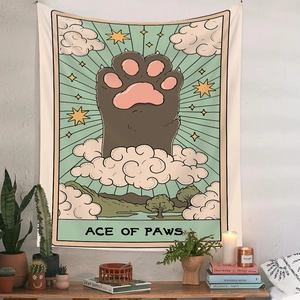Detail showing the Ace of Paws cat tarot design on a premium fabric wall hanging tapestry