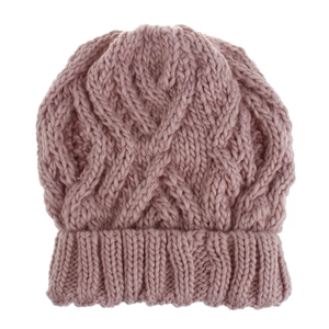 Detail of chunky cable knit pattern on soft pink rhombic textured winter beanie