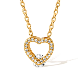 Close-up of a gold-plated heart necklace with a sparkling halo of cubic zirconia stones