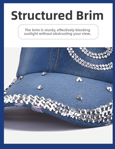 Detailed close-up of blue denim baseball cap brim with sparkling silver rhinestone inlay