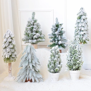 Mini Artificial Christmas Tree Snowy Flocked Cedar Pine Desktop Ornament With Burlap Wood Base For Winter Holiday Home Office Table Decoration