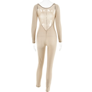 Detail view of beige long sleeve jumpsuit showing the sexy backless design on a mannequin