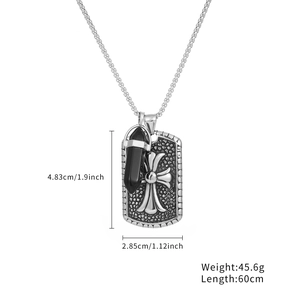 Silver retro cross military dog tag pendant necklace with black crystal for men