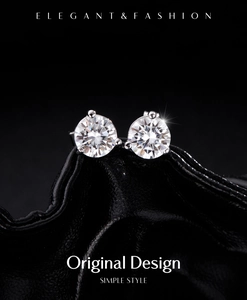 Macro shot of sparkling 1 carat moissanite stud earrings in silver four-prong setting