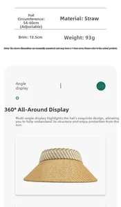 Size chart for striped straw sun visor with 12.5cm brim and adjustable strap