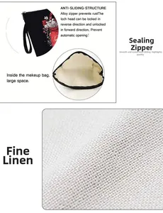 Detailed view of floral canvas makeup bag with anti-slip alloy zipper and spacious interior