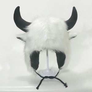 Plush winter trapper hat with black bull horns and ear flaps for costume parties