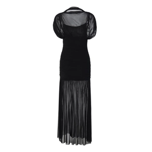 Detail view of the black mesh splicing dress featuring elegant puff sleeves and pleated bodice