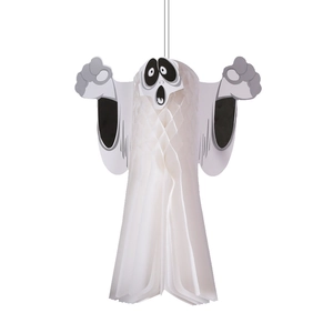 Décoration d'Halloween fantôme suspendu avec corps en papier alvéolé blanc et visage effrayant
