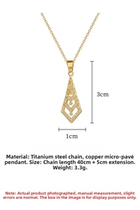 Detailed view of luxury gold triangle pendant with cubic zirconia and chain size info