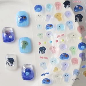 5D ocean jelly fish nail stickers Co-013 with colorful 3D jellyfish and pearl accents