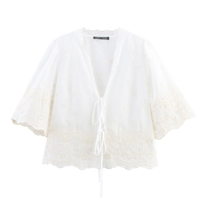 Femme Blanc Broderie Évidée Chemisier Col En V Lacé Manches Courtes Doux Floral Style Français Haut