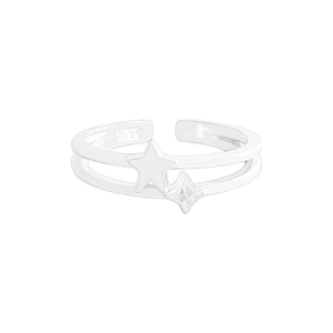 Double layered S925 sterling silver open ring with star charms and sparkling zircon