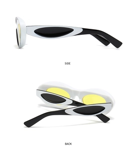 Detailed side and back views of cat eye sunglasses with white frames and yellow lenses