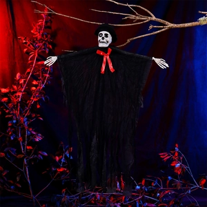 Creepy Halloween hanging ghost decoration with black top hat and red bow tie in scary lighting