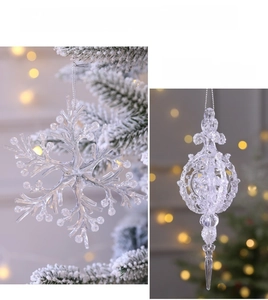 Macro detail of acrylic snowflake and crystal-like cone ornaments on a Christmas tree
