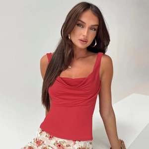 Ruched Cowl Neck Tank Top Ärmelloses Polyester Spandex Slim Fit Solid Color Streetwear Sexy Weste Sommer Für Damen