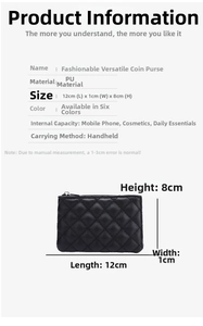 Detailed size specifications of the quilted black PU leather coin purse with dimensions