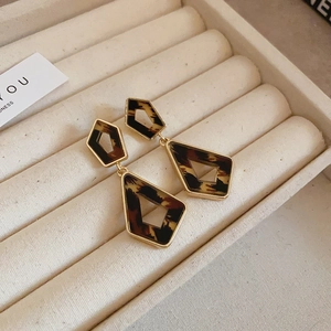 Macro detail of geometric leopard print earrings with gold plating on a jewelry box
