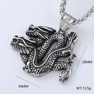 Detailed view of hip hop silver dragon pendant showing dimensions 34mm by 28mm