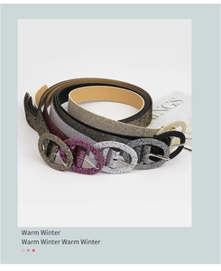 Detail of glitter PU leather belts in four colors with oval rhinestone-encrusted buckles